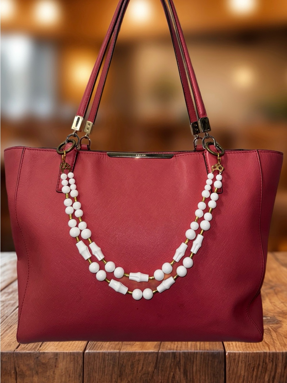 Bag Chain 17” White Beads & Gold Accents